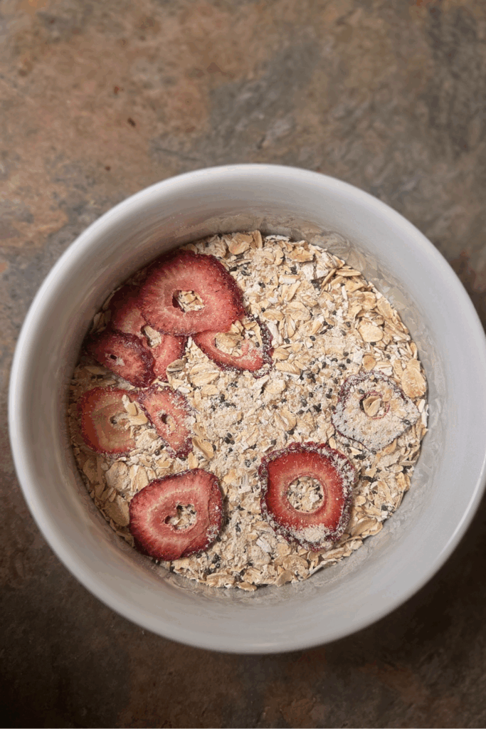 Homemade instant oatmeal with dehydrated strawberries ready to make