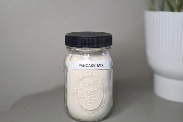 Homemade Pancake Mix in a mason jar ready for pantry storage for easy breakfasts.