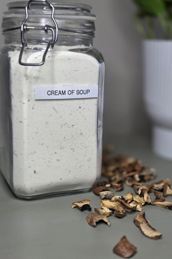 Cream of Soup Dry Mix and Dehydrated Mushrooms on the table ready to be made from scratch