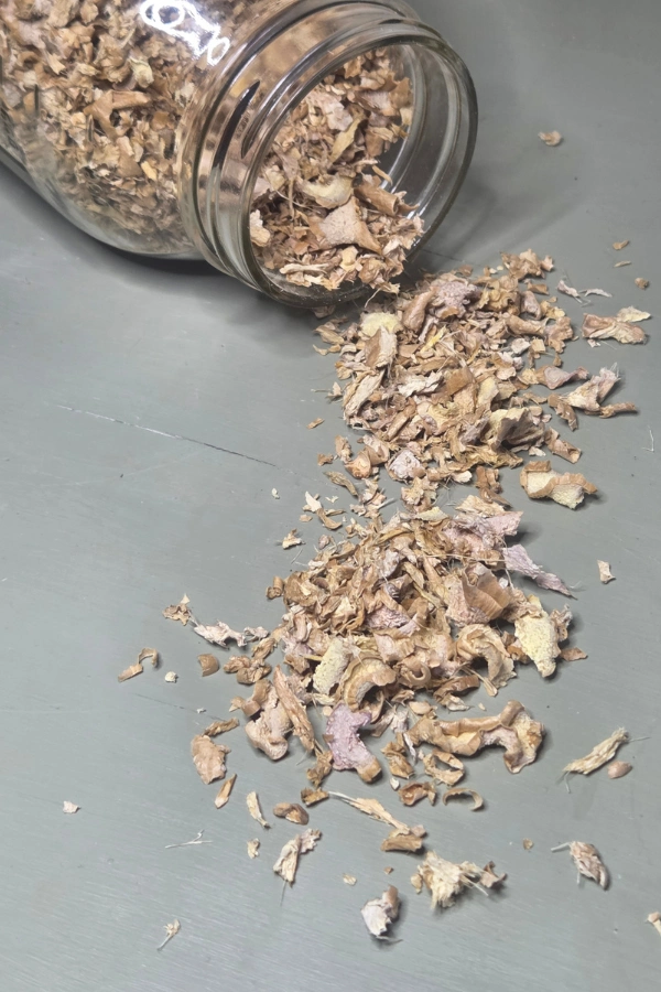 DIY Dehydrated Ginger stored in a mason jar for long term storage