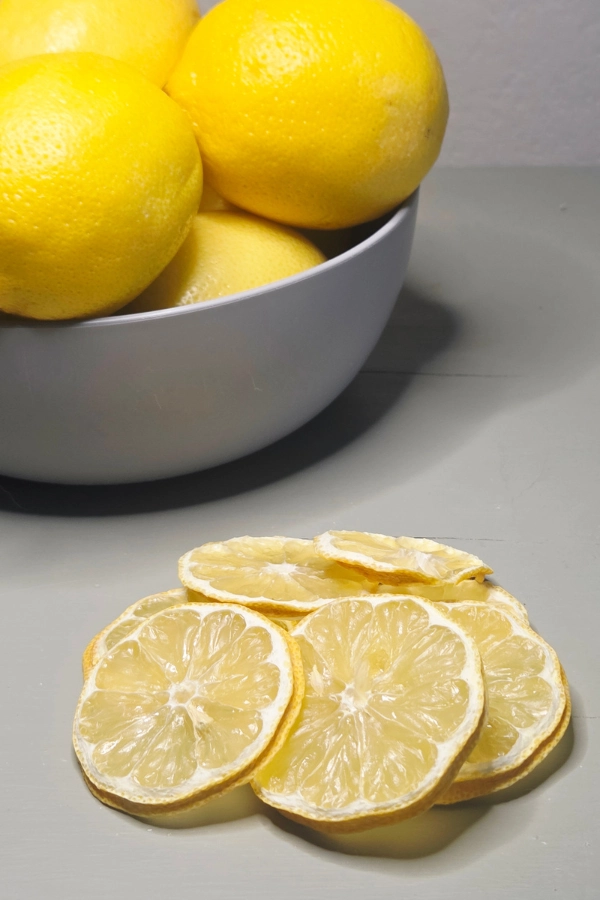 Lemons that have been dehydrated at home in a dehydrator for long term storage