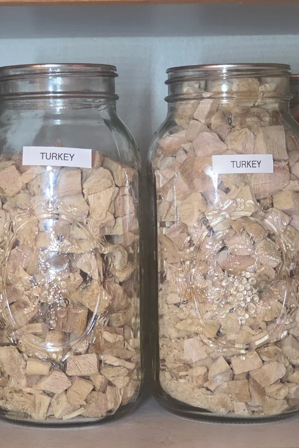 Freeze Dried Turkey stored in mason jars and an oxygen absorber for long term storage