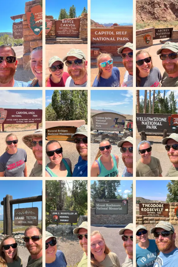 Our national Park road trip all in one photo. every national park sign we drove past.