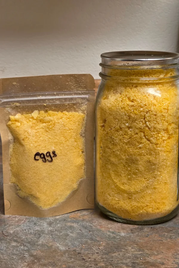 Eggs Freeze Dried and Stored in a Mason Jar and Mylar Bag for Longterm Storage and Camping.