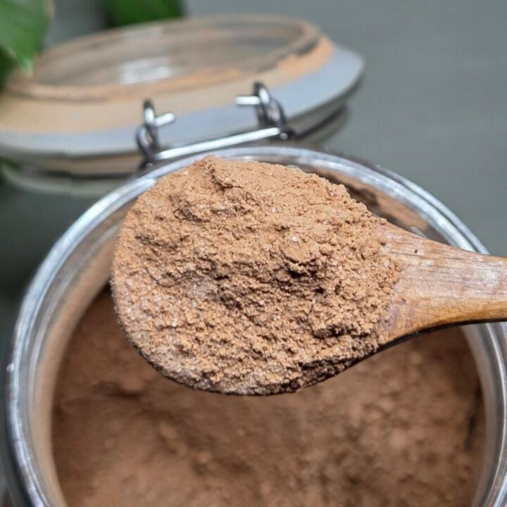 Homemade hot cocoa mix in an airtight glass container and on spoon.